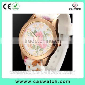 Hot fashion geneva elegant lady watch, water transfer rose print silicone band watch, gold-plated flowery face watch