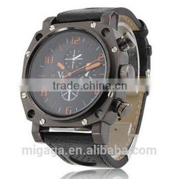 NEW - MENS BLACK LEATHER BAND, WRIST WATCH