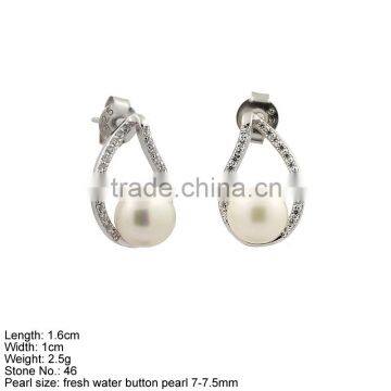 GPA2-004 Customized design 925 Silver Stud Earring with CZ Stones & Pearl Stone