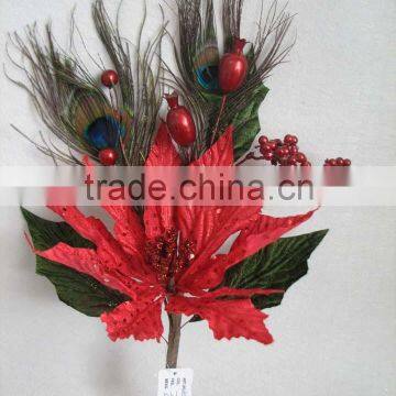 Christmas indoor decorations artificial velvet glitter poinsettia flowers christmas pick with peacock feather