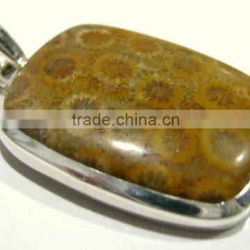 Fossil Coral Pear Cabochon Gemstone Pendant, 925 Solid Sterling Silver Pendants, Designer Bezel Pendant