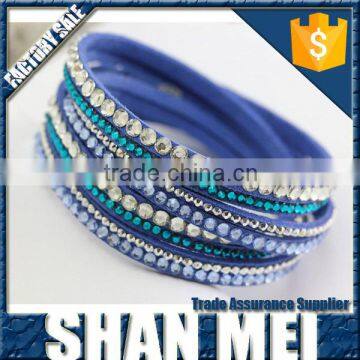 multilayer bracelet/blue multilayer velvet cloth bracelet studded with crystal