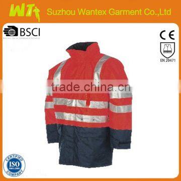 high quality red and navy winter warming jacket for worker safety reflective parka clothing