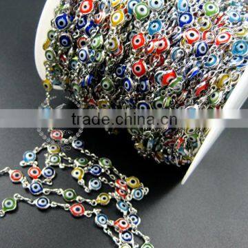 6mm red,yellow,blue,green flat glass Turkish evil eye beads links silver plated brass necklace chain DIY supplies 1512025