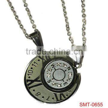 Wholesale 316L stainless steel necklace jewelry moon and sun couple charm clock & crystal compass couple pendant