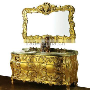 Luxury Imperial Handmade Solid Wood Golden Bathroom Cabinet with Double Sinks and Gilt Framed Mirror BF12-05194c