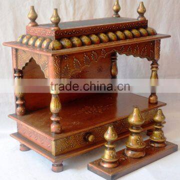 Hand Painted Copper Finish Wooden Temple With 2 Drawers photo-3