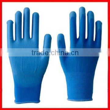 Blue knit gloves with pu in palm