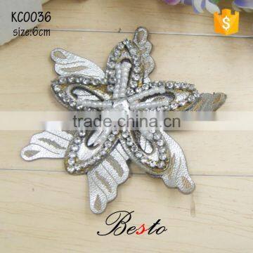 Pretty hexagon shape rhinestone silver leather flower for chlidren shoes