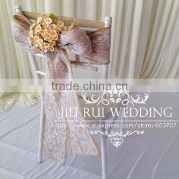 Natural Burlap Hessian Chair Sash Jute Chair Band With Lace at Middle for Rustic Wedding photo-4