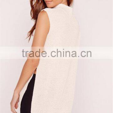 Plain White Women Knitwear With Split Hem Cut Out Front Ladies Sweater Choker Neck Chunky Tunic Cream photo-2