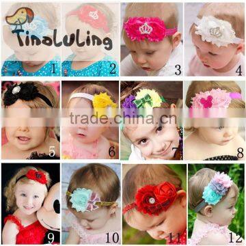 2015 handmade fancy elastic stretch chiffon satin rose kids elastic hairband Imperial crown accessory