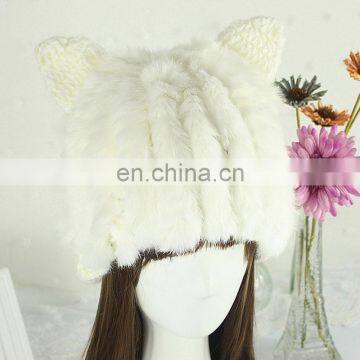 White cat ear hat cap handmade winter lady girl rabbit fur knitted hats