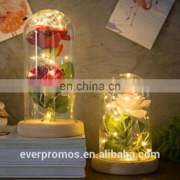 Hot Selling LED Rose Glass Dome Cloche with Wood Base