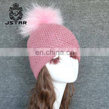 Hot Sale Knit hat Wholesale Custom Racoon Fur Pom Pom Beanie Hat Knit Beanie Pompom Fur Hat