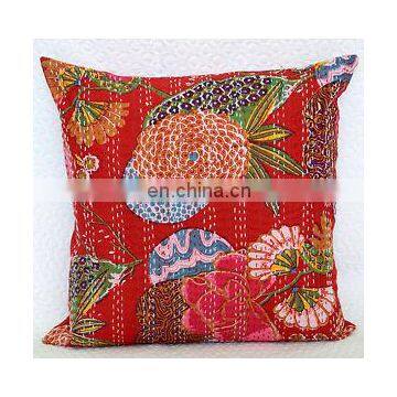 Red 16" Indian floral Printed Handmade Embroidery Work Kantha Cushion Pillow Cover Throw Home Decorative Traditional ethnic art