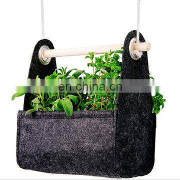 home decoration hanging felt flowerpot with rope and wood handle