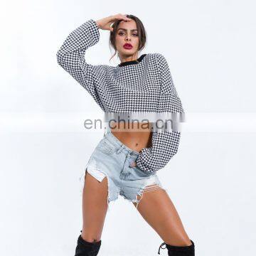 Wholesale Vendor Long Sleeve Crew Neck Plaid Print Loose Casual Fit Crop Top for Women photo-6