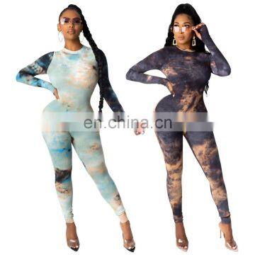 Autumn New Women Tie-dye Printed Rompers Long-sleeved Tops Slim Sexy Jumpsuit