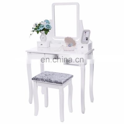 Vanity Set with Mirror Cushioned Stool Dressing Table Vanity Makeup Table 5 Drawers 2 Dividers Movable Organizers White