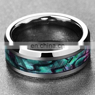 8MM Inlaid Abalone Shell Beveled Steel Stainless Steel Ring Wedding Jewelry photo-3