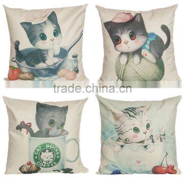 2016 hot sale 100% polyester home decorative cat printing linen cheap cushion cover