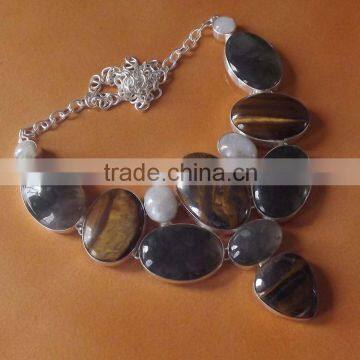 Rainbow Moonstone, Tiger Eye, Moss Agate Necklace plated 925 Sterling Silver 124 Gms 18-20 Inches