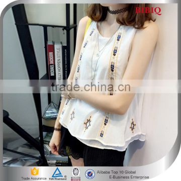 Latest Women's Clothing Loose Embroidery White Chiffon Vest 2015