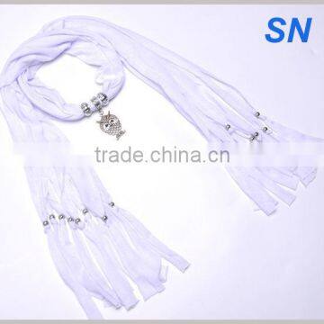 Trendy Owl Pendant Scarf with jewelry in white