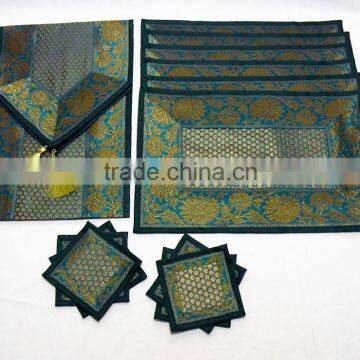 Placemats and Coaster in Green Color Indian Silk Table Runner