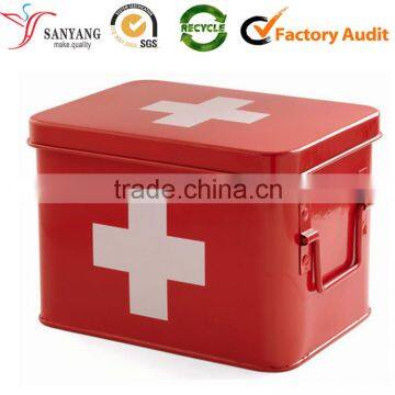 Red varnishing metal tin & tinplate first aid emergency box for family use and travelling use