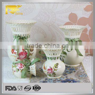 White gold rim hollow out decoration vase, ceramic white tall vase, design vase with riband