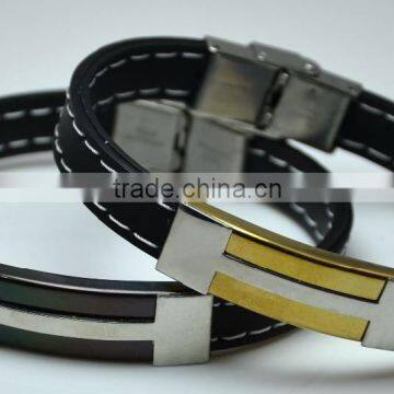 Personalized Metal Plate Black Gold Wholesale Magnetic Wrap Wristband H Shape Stainless Steel Mens Leather Bracelets