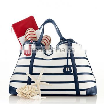 Designer striped PVC leather weekender bag