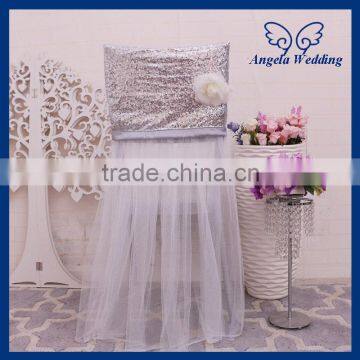 CH035A New fancy wedding cheap sequin and tulle chair covers with rose