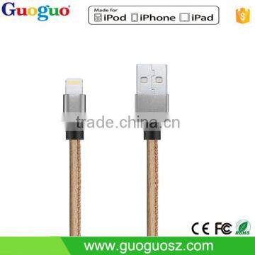 [MFi Certified] Wholesale 1M PU Leather Wooded MFi USB Charging Cable for IPhone5/6/6s/iPad/iPod with Aluminum Shell