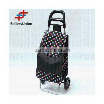 No.1 yiwu exporting commission agent wanted 93cm Best Selling Black Fodable Shopping Trolley with Bag with Colourful Dots