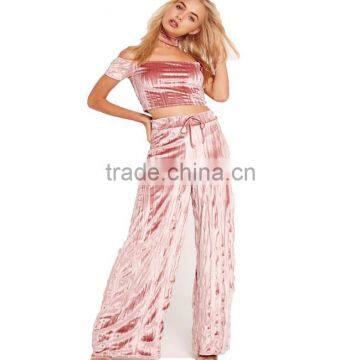 New Model Custom Design Trendy Pleated Velvet Wide Leg Trousers Pink Short Sleeve Crop Top 2 Piece Fashion Outfits 2017