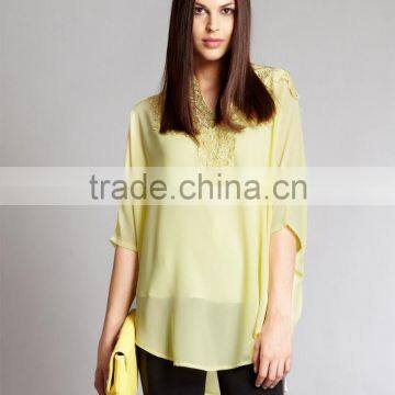 wholesale Embroidered Summer Yellow Tunic Top, fancy top,lady blouse & top