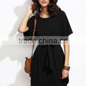 Black Dolman Sleeve Self Tie Curved Hem Dress With Belted Cotton Spandex Short Sleeve Casual Plain Short Dress photo-2