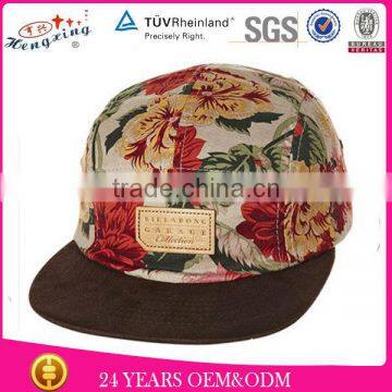 Leather Patch Sude Brim Floral Crown Custom 5 Panel Flat Brim Hat Manufacturer