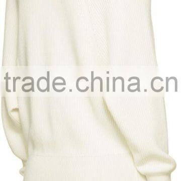 Raglan Sleeve Y-Neck Collared Ivory White Rib Knit Cashmere Cardigan for Women photo-4