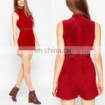 Fashion red premium romper in suede with cutwork waist detail ladies jumpsuits