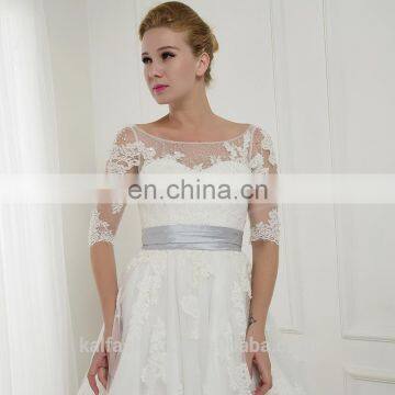EBL-2828 A Scoope Beading Top Lace Applique 3/4 Sleeve Low V-back Satin Sash Tulle Long Train Graceful Bridal Ball Dress photo-3