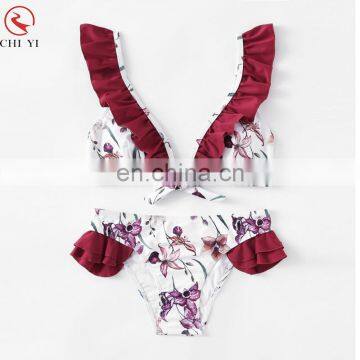 2018 Custom flower print swimwear manufacturer high quality woman ruffle bikini set