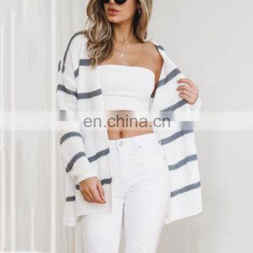 Ladies Street latest fashion stylish mid-length striped knitted longline cardigan