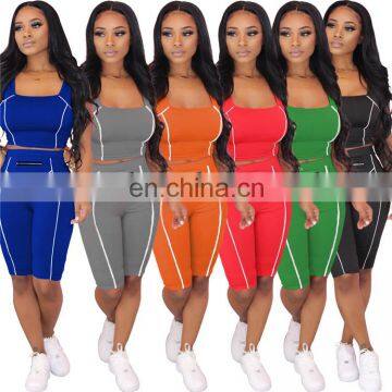 Custom Fashion Sexy  Sleeveless Plain stripe  2 Piece Plus Size Sport Women Shorts Set