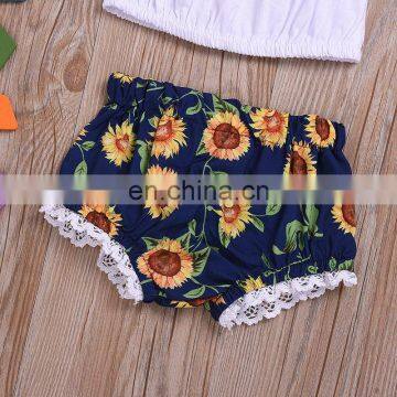 Toddler Sunflowers Clothing Set Baby Girls Pink Ruffle off Shoulder Tops & Sunflower Shorts & Headband Outfits photo-4