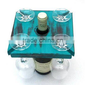 Blue Painted Solid Wooden Wine and Glasses Organizer Holder photo-2