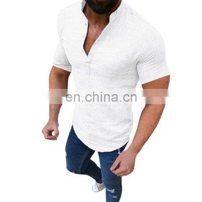 New Summer Men Fashion Cotton Linen Button-down Shirt Short Sleeve Mandarin Collar Solid Color Casual Tops photo-2
